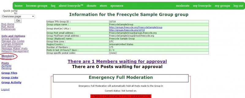 Info and Options page showing pending member